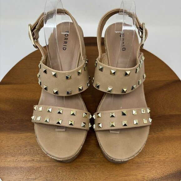 Torrid Studded Double Strap Platform Sandals Wedge Size 11WW Tan Extra Wide Cork - Picture 4 of 13